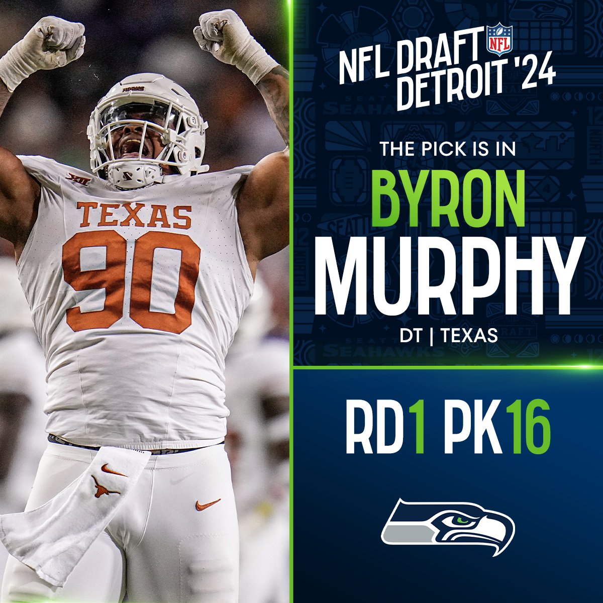 NFL (@nfl) on Twitter photo With the No. 16 overall pick in the 2024 <a href="/NFLDraft/">NFL Draft</a>, the <a href="/Seahawks/">Seattle Seahawks</a> select Byron Murphy! <a href="/NewEraCap/">New Era Cap</a>
📺: #NFLDraft on NFLN/ESPN/ABC
📱: Stream on #NFLPlus With the No. 16 overall pick in the 2024 <a href="/NFLDraft/">NFL Draft</a>, the <a href="/Seahawks/">Seattle Seahawks</a> select Byron Murphy! <a href="/NewEraCap/">New Era Cap</a>
📺: #NFLDraft on NFLN/ESPN/ABC
📱: Stream on #NFLPlus