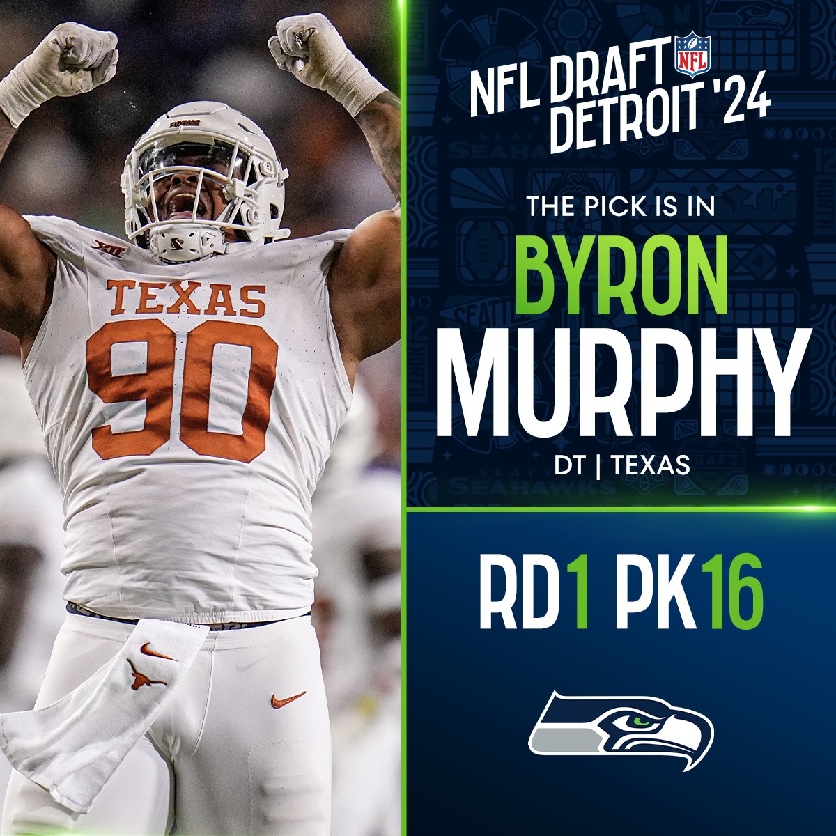 With the No. 16 overall pick in the 2024 @NFLDraft, the @Seahawks select Byron Murphy! @NewEraCap 📺: #NFLDraft on NFLN/ESPN/ABC 📱: Stream on #NFLPlus