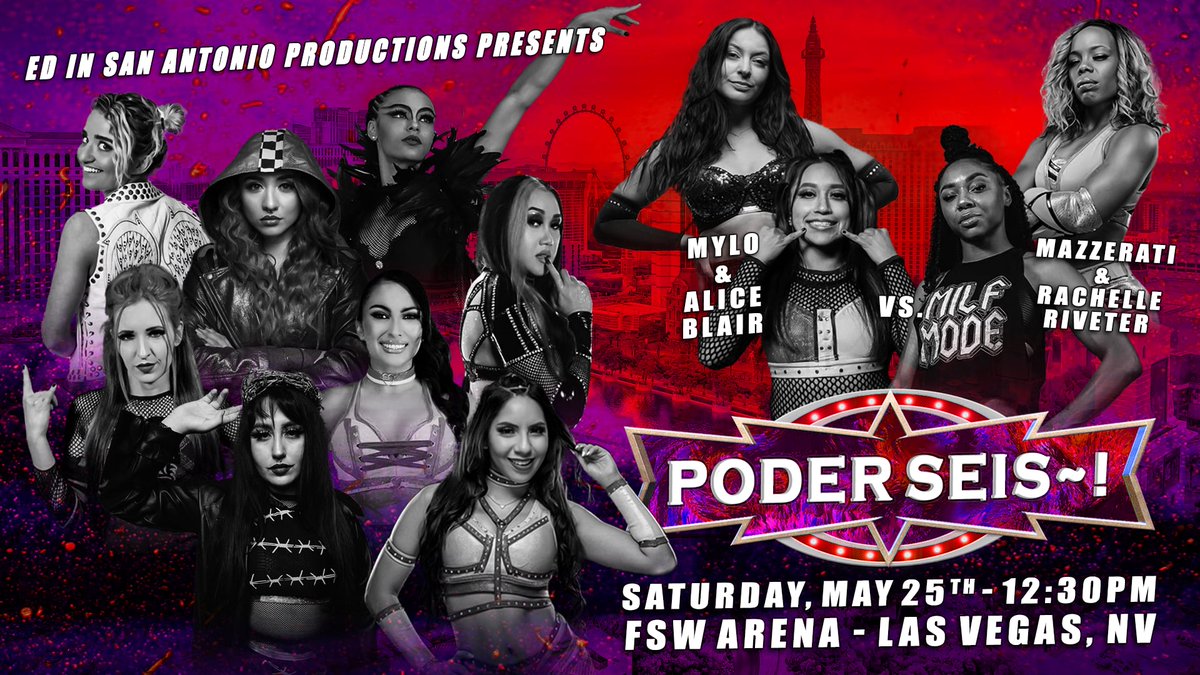 BREAKING NEWS: on May 25th in Vegas we will have the first ever PODER Tag Team Champions when @Mazzerati3 and @RachelleRiveter take on @macdaddyymylo @TheAliceBlair at the @FSWVegas Arena ~! TICKETS eventbrite.co.uk/e/ed-in-san-an…