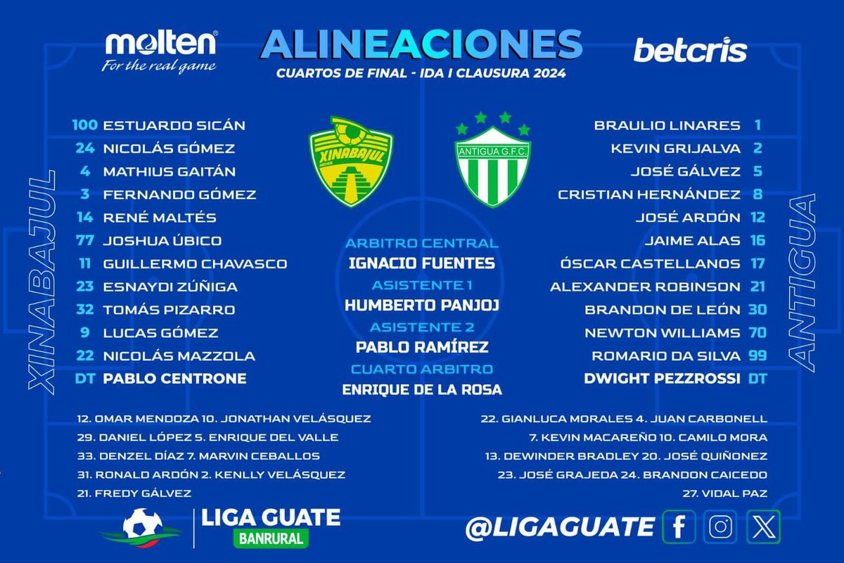 #Deportes 

Todo listo 🔥⚽

Xinabajul y Antigua cierran los duelos de cuartos de final (ida), en el estadio Los Cuchumatanes.

👉🏼 Los elegidos por ambos técnicos para iniciar el encuentro.
🕛 8:15 p. m.

📸 LigaGt