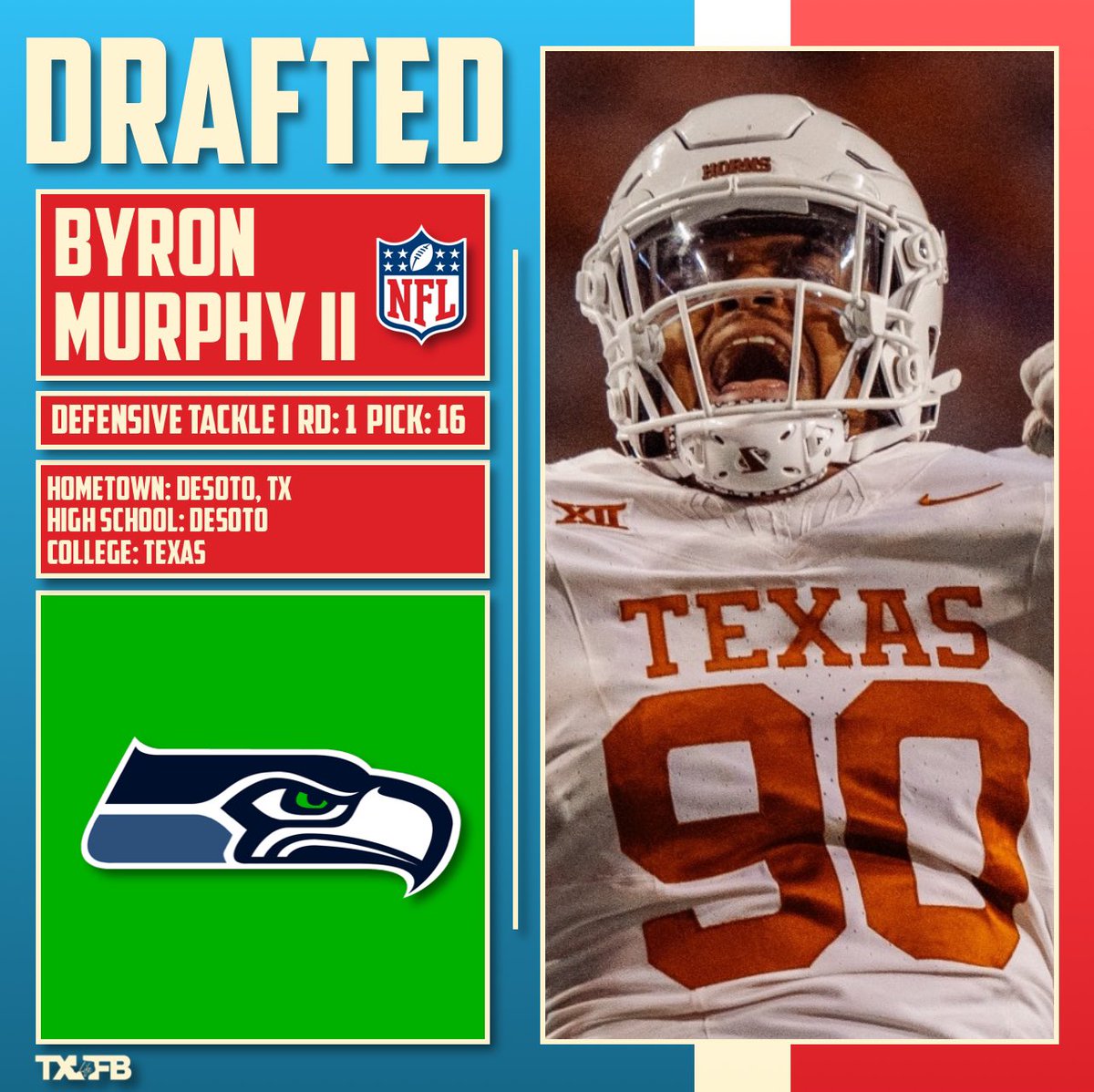 The #Seahawks select Desoto native DT Byron Murphy II out of Texas with the 16th pick of the 2024 NFL Draft