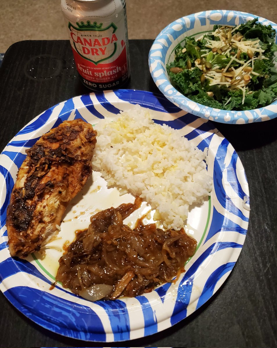 She might not look pretty but she's amazing. French onion chicken with actual caramelized onions on the side. I finished the kale but left most of the rice.