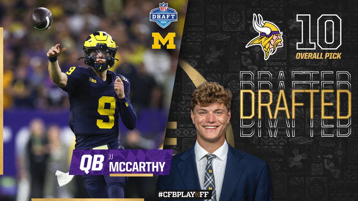 Taking Marley and mantras from Michigan to Minnesota! Congratulations to 2024 #CFBPlayoff national champion QB J.J. McCarthy (@jjmccarthy09) of @UMichFootball, who is headed to the @Vikings as the 10th overall pick in the 2024 NFL Draft!