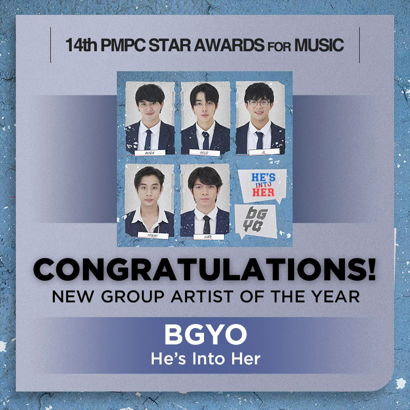StarMusicPH's tweet photo. ICYMI: @bgyo_ph receives the New Group Artist of the Year Award for #HesIntoHer at the 14th PMPC Star Awards for Music! 💙❤️ Congratulations, boys! 👏🏼

Watch the Music Video here: 🔗 https://t.co/c8DxSjsZKU

#BGYO #PMPCStarAwards #StarMusicPH https://t.co/VZMtRUvL70