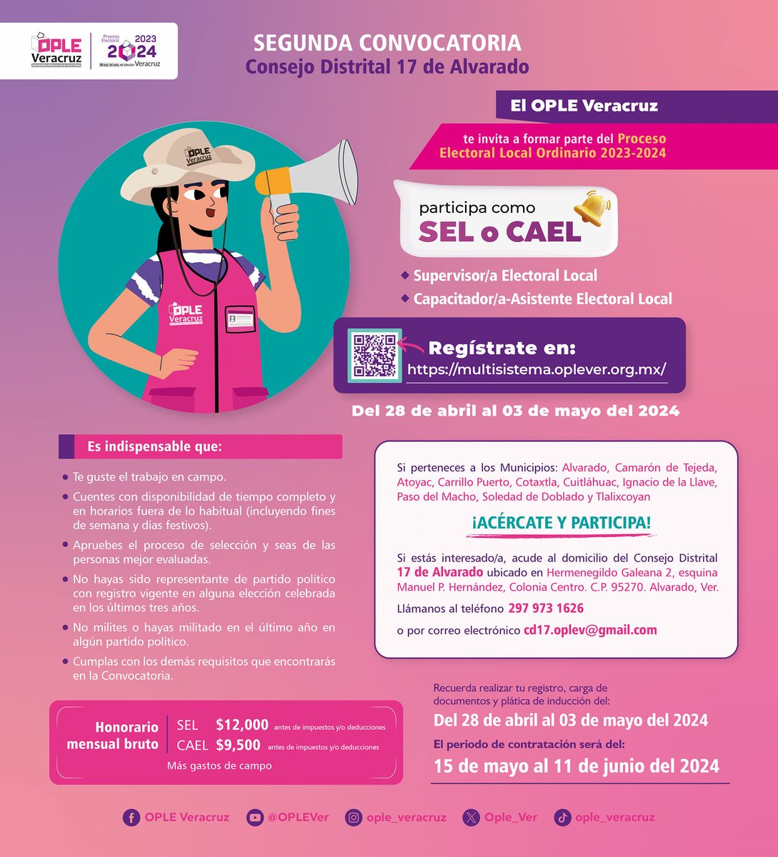 #Atención #Alvarado 🚨 #Entérate 📢 ¿Te gustaría participar como Supervisor/a Electoral Local #SEL o Capacitador/a Asistente Electoral Local #CAEL? Consulta la convocatoria📝 en oplever.org.mx/SELyCAEL/2daCo… ¡Y regístrate en multisistema.oplever.org.mx !