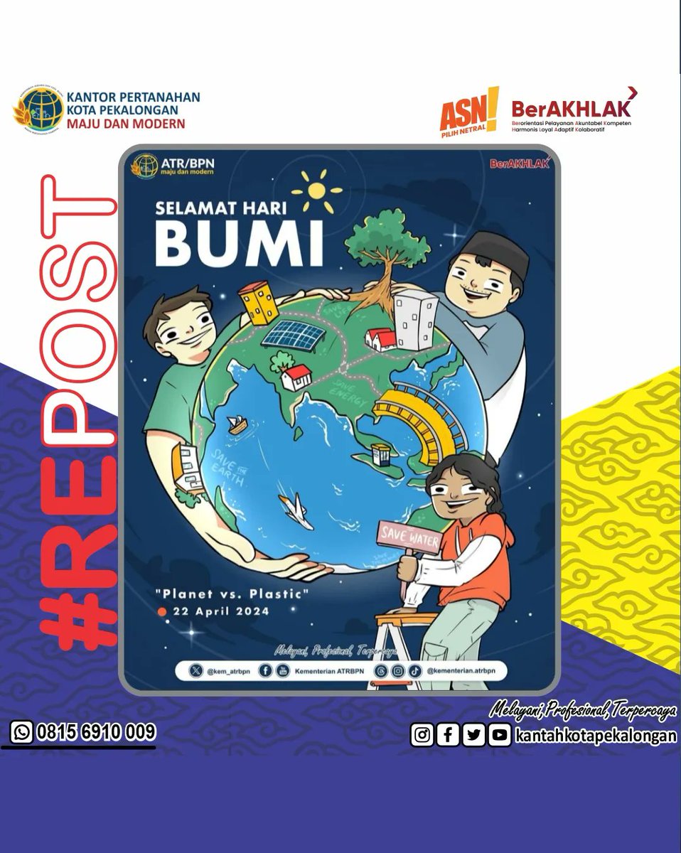 #Repost @kem_atrbpn Segenap jajaran Kementerian ATR/BPN mengucapkan Selamat Memperingati Hari Bumi 2024.
Bumi diamanatkan oleh Tuhan kepada manusia untuk dirawat dan dijaga, bukan hanya untuk dieksploitasi sumber dayanya.

Planet Vs Plastic 🌏

#HariBumi
#IndonesiaLengkap