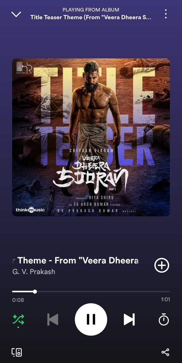The title teaser of @chiyaan's #VeeraDheeraSooran with a thrilling theme by @gvprakash is now out on @Spotify! Witness our #ChiyaanVikram's unbridled energy and get ready for a cinematic storm !! 🤩🔥

Click below 👇🏻 link...
open.spotify.com/track/1RjGHu2Z…

#ChiyaanVikram🐐

#SUArunkumar…