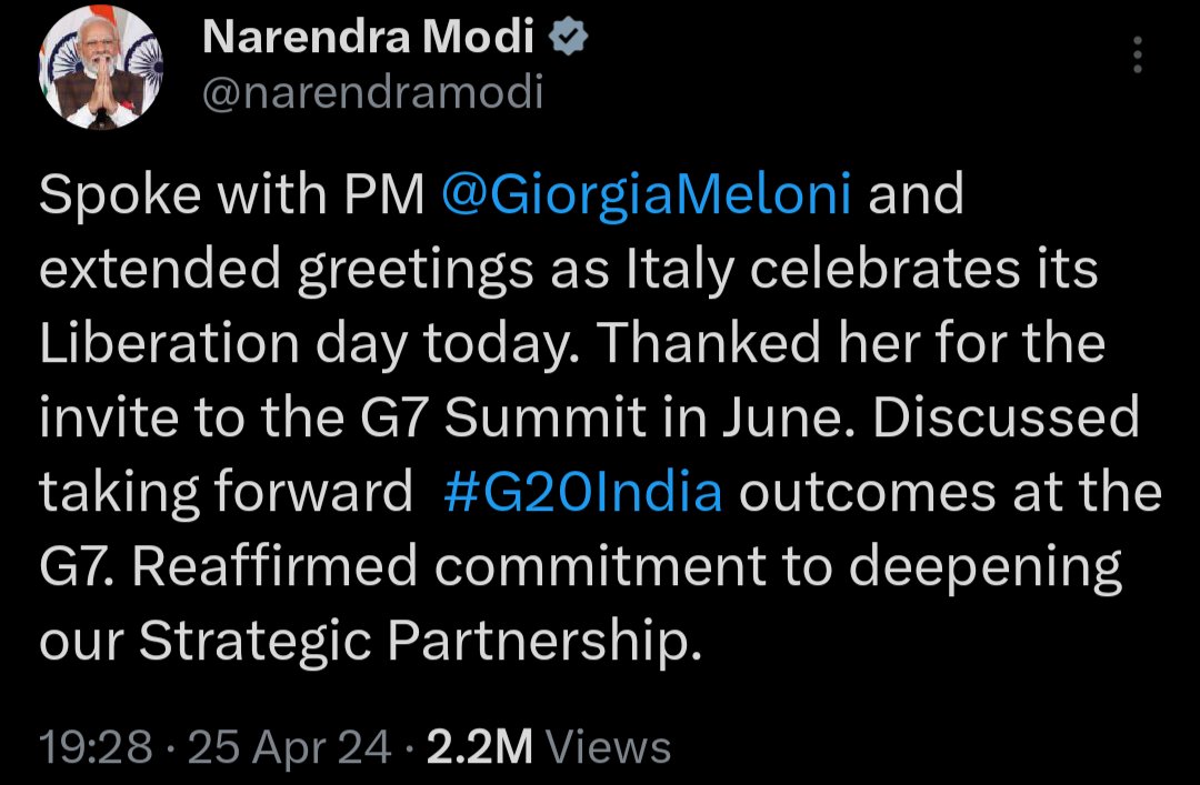 #G20India
PM @narendramodi invited by PM Giorgia Meloni, Italy to attend G7 Summit in June, though elections going on; 
Yes that's the confidence level in PM #Modi 56'!

@dhruv_rathee call him TanaShah, ऐसे तानाशाह की तानाशाही हमे तो भा गई😅
#AbkiBaar400Paar🪷 होने जा रहा है!