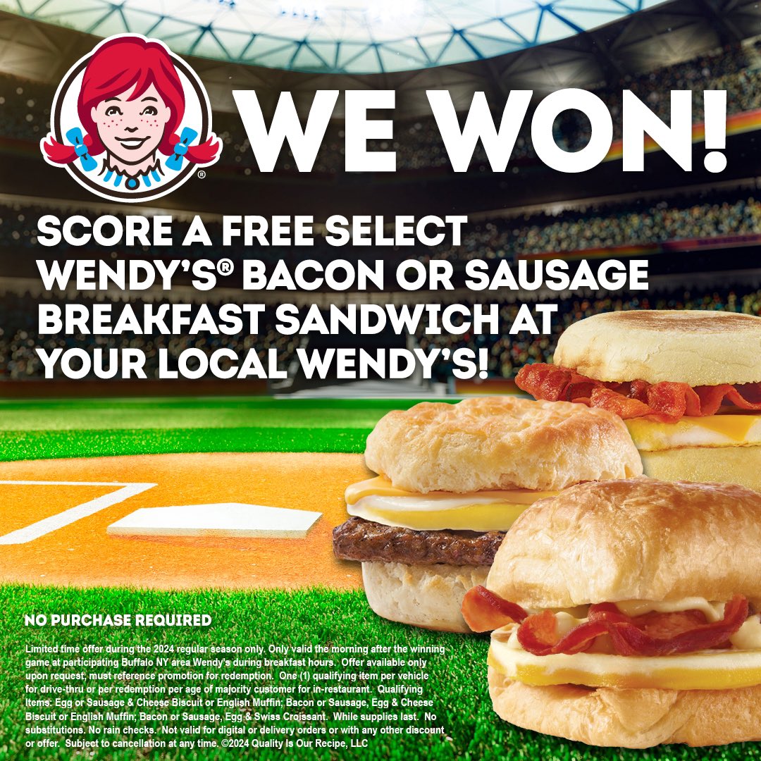 With today’s wins, stop by your local Wendy’s and show this post for a free select bacon or sausage Breakfast Sandwich no purchase required!    Offer valid during breakfast hours after a Bisons win at participating Buffalo Area Wendy’s locations.