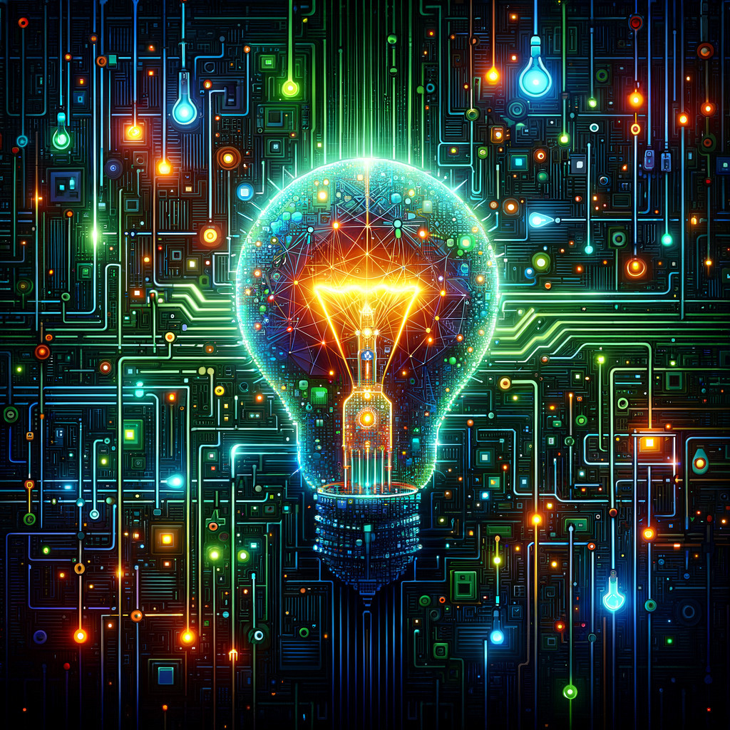 Bright neon colors pop on a dark backdrop, showcasing a light bulb encircled by circuits.
It merges realism with digital art, igniting curiosity.
What captivates you in this electrifying display? 

#neonart #digitalart #artdisplay #electrifying #curiosityignited #artgallery #cr