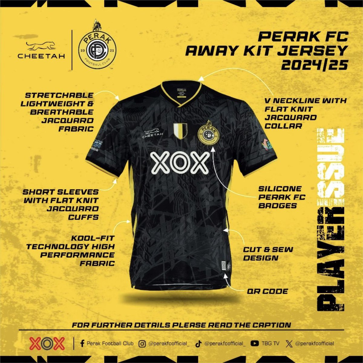 Terkini Perak FC dah release jersi third kit. Jersi long sleeve & kids pun ada. Memang premium warna hitam! Kome boleh dapatkan semua secara online je! Boleh order di Perak FC official shopee : s.shopee.com.my/8pPM9Vy2TK Home/Away/Third kit : Player issue : RM159 Fan issue :