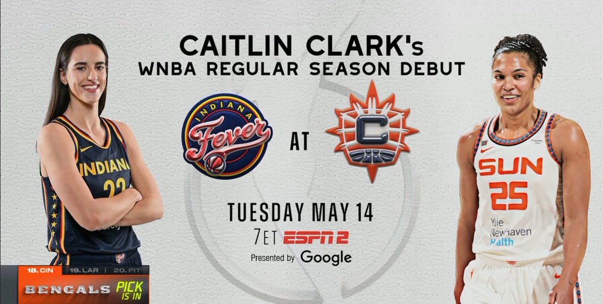 Great to see the promotion for @WNBA opening night - Caitlin Clark's regular season debut w/ the @IndianaFever - tonight on ESPN during #NFLDraft 📆 May 14 on ESPN2 | #WNBA