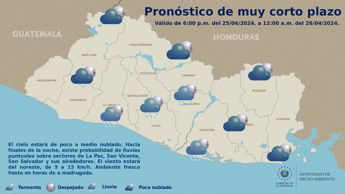 #ClimaSV | Para esta noche el cielo estará de poco a medio nublado y para finales de la jornada existe probabilidad de lluvias puntuales sobre sectores de La Paz, San Vicente, San Salvador y sus alrededores.