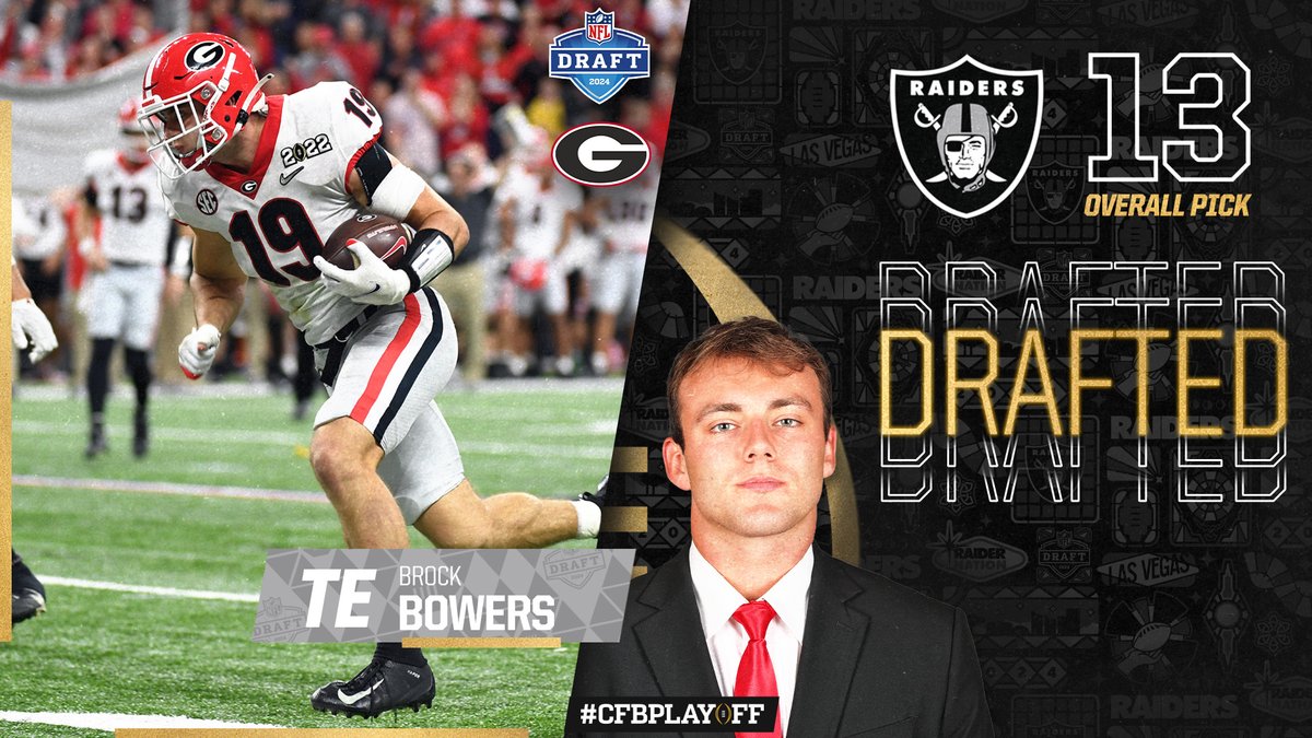 It's Vegas, baby, for Brock Bowers (@brockbowers17)! The two-time #CFBPlayoff national champion tight end from @GeorgiaFootball has been selected as the 13th overall pick in the 2024 @NFL Draft by the Las Vegas @Raiders!