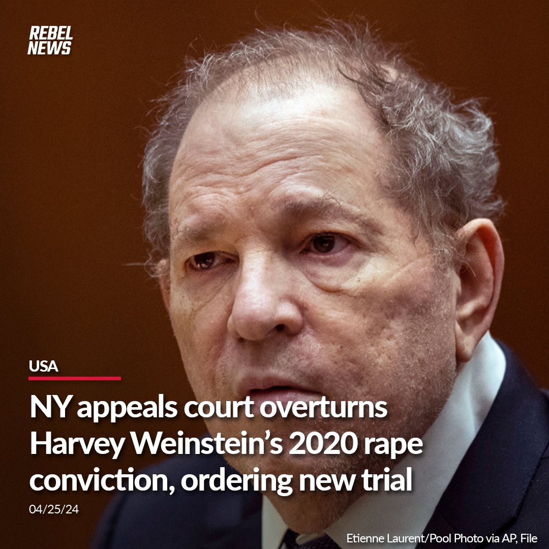 In a blow to the landmark #MeToo case against Harvey Weinstein, a New York appeals court has overturned the disgraced movie mogul's 2020 rape conviction and ordered a new trial. READ MORE: rebelne.ws/3Jye3ZI