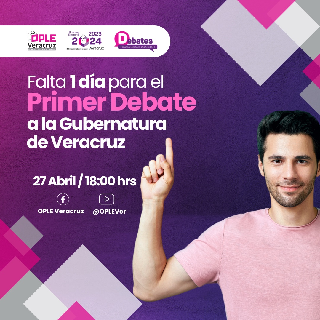 ¡Falta 1 día! 📆 No te pierdas la transmisión en vivo 📡 en nuestras redes sociales del Primer #debate a la Gubernatura del Estado. #Debates2024 #Debates2024 #VotoInformado #EleccionesVeracruz #OPLEestáListo #MiVozMiVotoMiElección