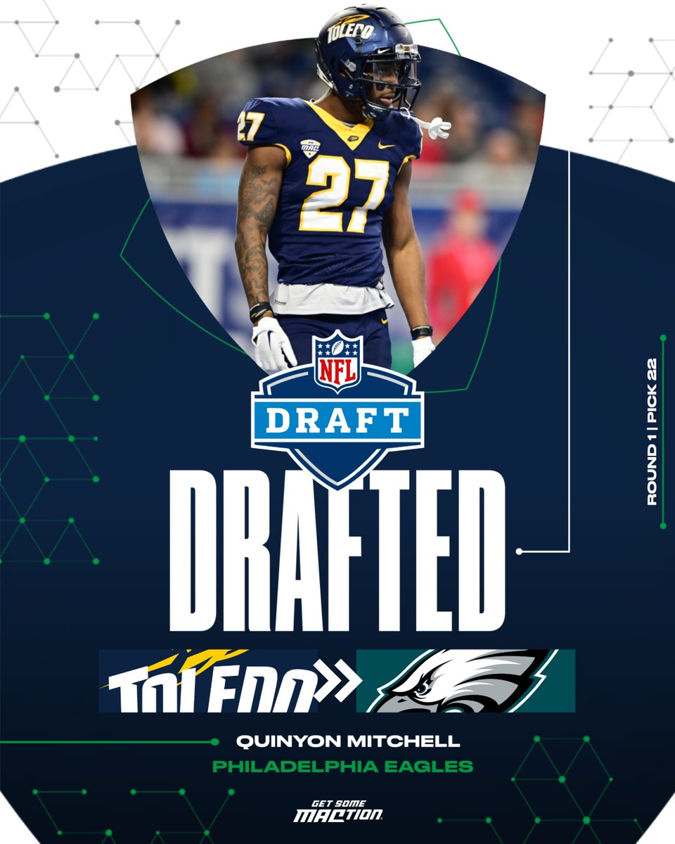 MACSports's tweet image. FLY. EAGLES. FLY. 😎

@QuinyonMitchell has been selected with the 22nd pick in the 2024 NFL Draft by the @Eagles!

@ToledoFB | #MACtion | #NFLDraft