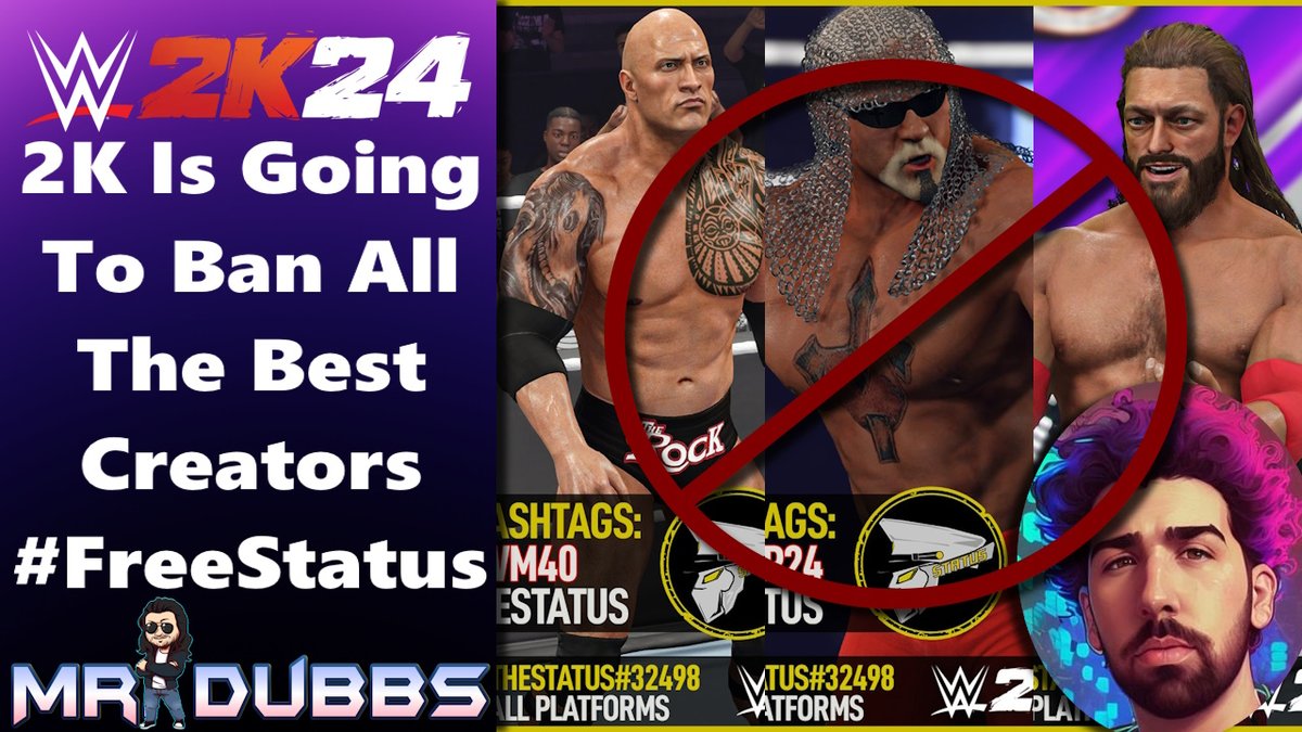 MrDubbs86's tweet photo. #WWE2K24 | #WhatsTheStatus Done With 2k. More Bans Incoming #FreeStatus. The bans have only just begun. All of your favourite creators could be on the chopping block, and this is why. @WWEgames #2KCommunity #CommunityCreations #Modders #TOS 

https://t.co/vXFKaPLxGi https://t.co/xHM0raXGai