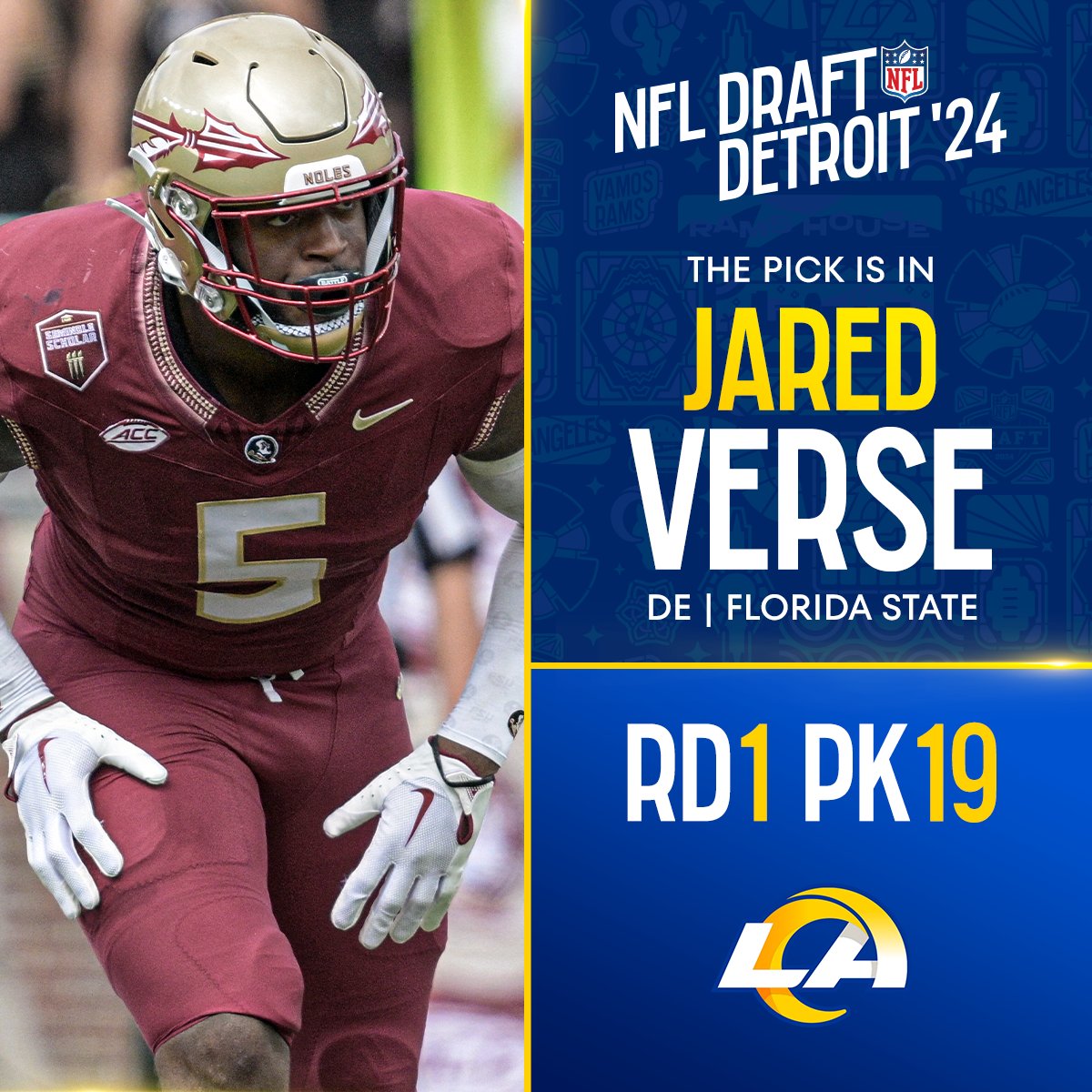 With the No. 19 overall pick in the 2024 @NFLDraft, the @RamsNFL select Jared Verse! @NewEraCap 📺: #NFLDraft on NFLN/ESPN/ABC 📱: Stream on #NFLPlus