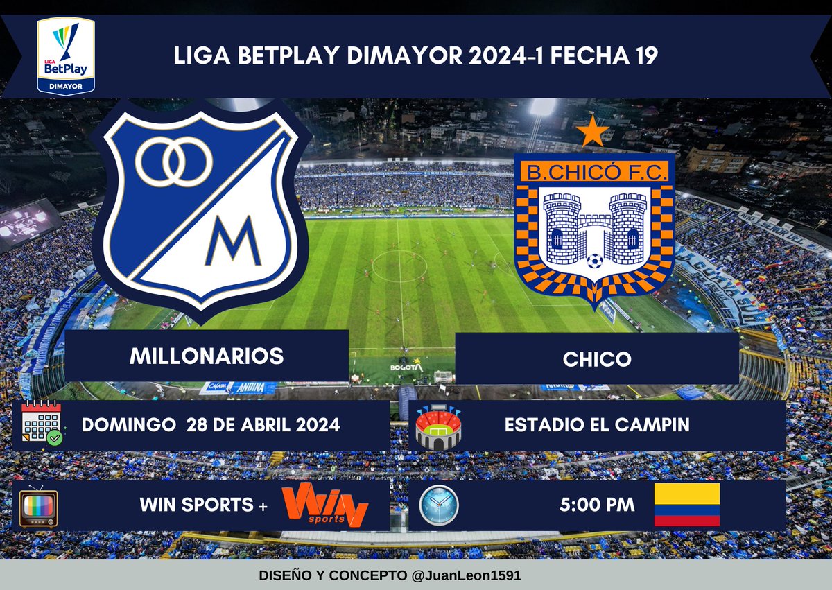 🏆 Liga BetPlay Dimayor 2024-1
⚽ Fecha 19
🆚 MILLONARIOS 🏆 vs Boyacá Chico
🗓️ Domingo 28 de Abril de 2024
🕒 5:00 PM
🏟️ Nemesio Camacho 'El Campin'
📌 Bogotá 💛❤️
📺 Win Sports +

#VamosMillonarios
#AmorParaDefender
#SemperFi 
#Since1946