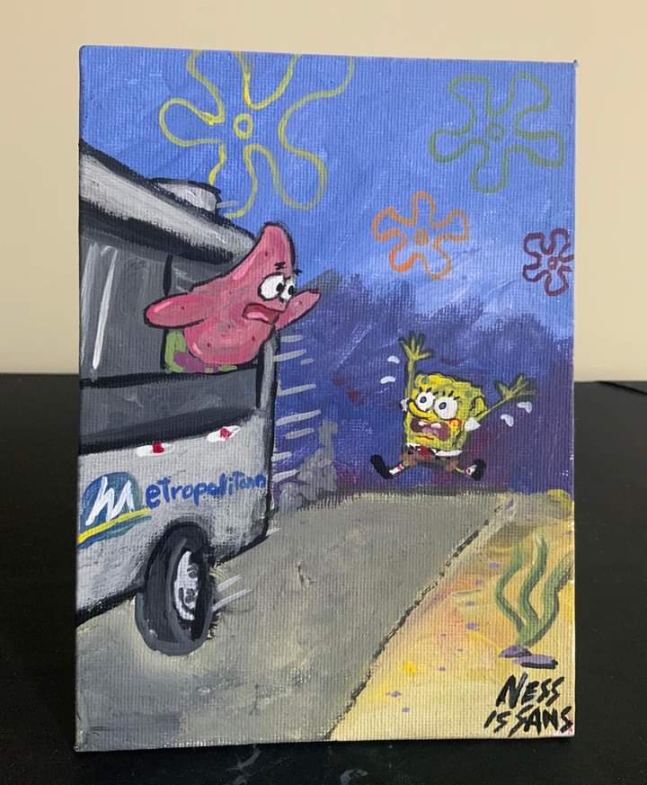 “Corre Bob Esponja! Es el último Metropolitano de la noche!” - Pintura acrílica sobre lienzo 13x17cm