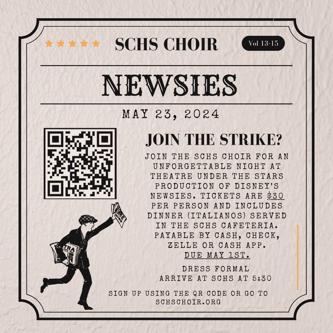 The @HumbleISD_SCHS Choir is going to see Newsies at the Hobby Center on May 23. Sign up at SCHSChoir.org.