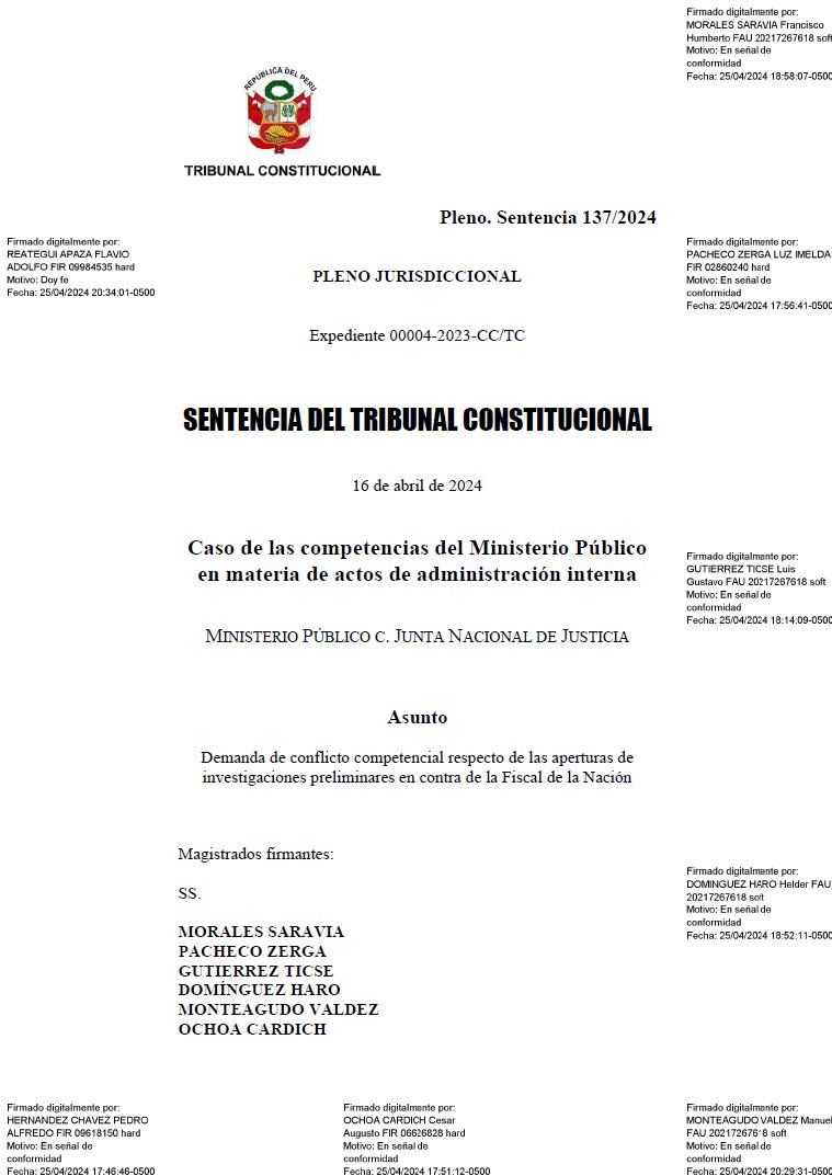 🚨 TC publica la sentencia en la que rechaza la demanda competencial presentada por el Ministerio Público contra la JNJ para que la Junta no pudiera sancionar al fiscal de la Nación por decisiones que adopte en desarrollo de sus competencias, como remover fiscales. De esta manera…