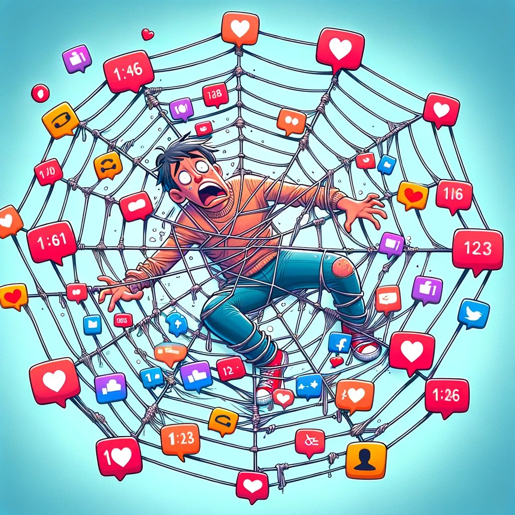 Southpowok's tweet image. Lost in the web of social media! 🕸️😅 This character hilariously finds themselves tangled in a net of notifications. #SocialMediaWeb #NotificationOverload #DigitalHumor