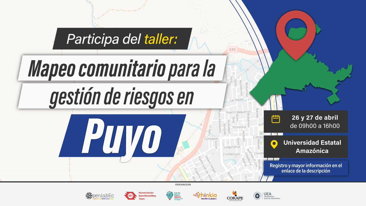 ¡Este viernes 26 de abril arranca en la ciudad de Puyo, el 4to Taller de Mapeo para la Gestión de Riesgos en la Amazonía! Más de 40 participantes en la @ueaeduec listos para dos días de trabajo intenso con herramientas OSM 🌿🗺️ #Amazonía #Ecuador