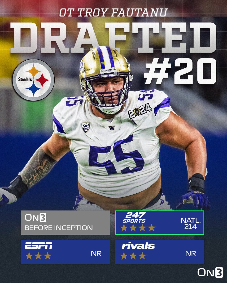 The Pittsburgh Steelers have selected Washington OT Troy Fautanu with the 20th pick in the 2024 NFL Draft🟣 on3.com/nfl/draft/2024/