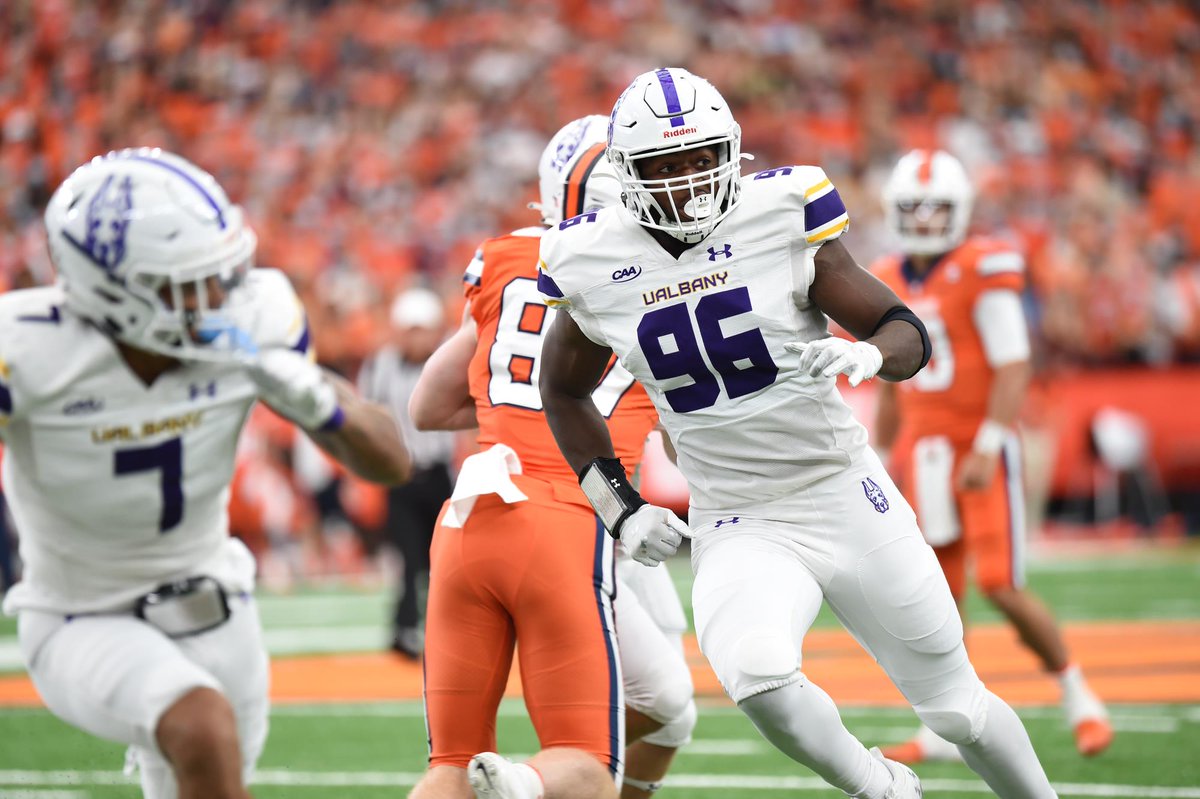 Los Angeles Rams first-round draft pick Jared Verse of Florida State was a Jerry Rice Award finalist following the spring 2021 season. In 15 games over two seasons with the Great Danes, Verse had 74 tackles, 21.5 TFLs and 13.5 sacks. (Kathleen Helman/UAlbany Athletics)