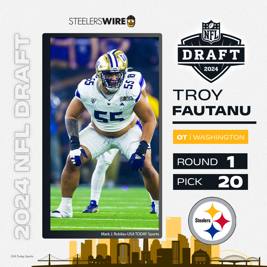 With the 20th pick of the 2024 #NFLDraft, the Pittsburgh #Steelers select: Troy Fautanu, OT, Washington #HereWeGo #SteelersDraft