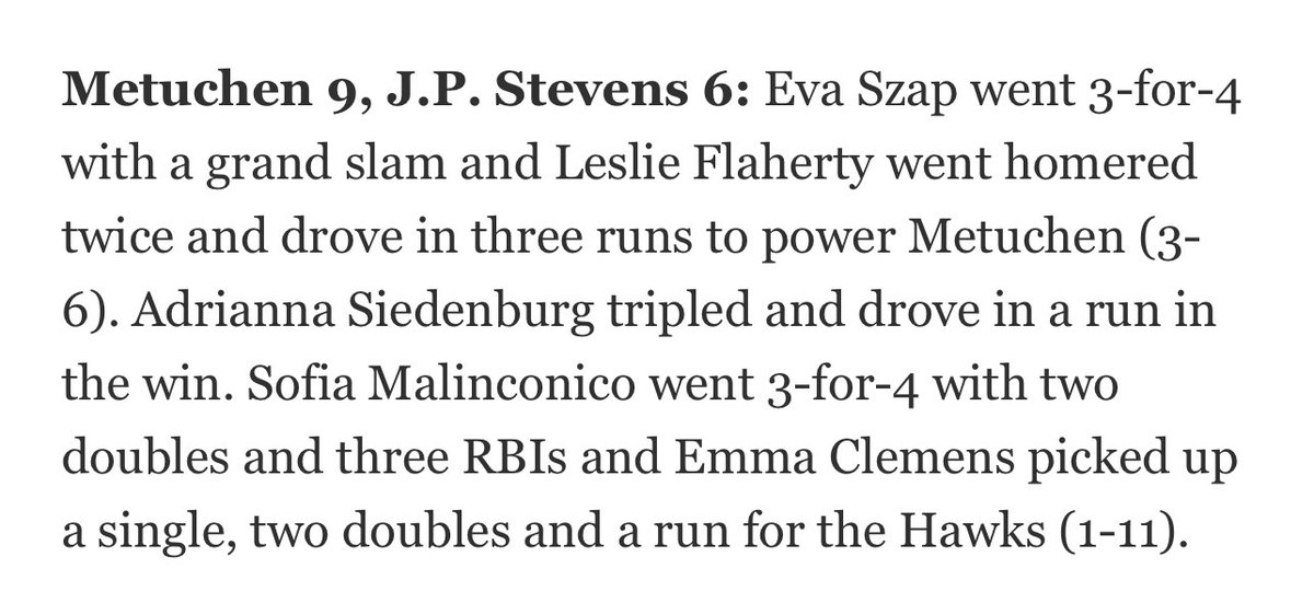 “Eva Szap went 3-for-4 with a grand slam and Leslie Flaherty homered twice and drove in three runs to power Metuchen. Adrianna Siedenburg tripled and drove in a run in the win.” @evaszap2025 @lflaherty2024 @agesied2026 Let’s keep it going!🔥🔥🔥 #MetuchenSoftball #Bulldogs 🐾🥎