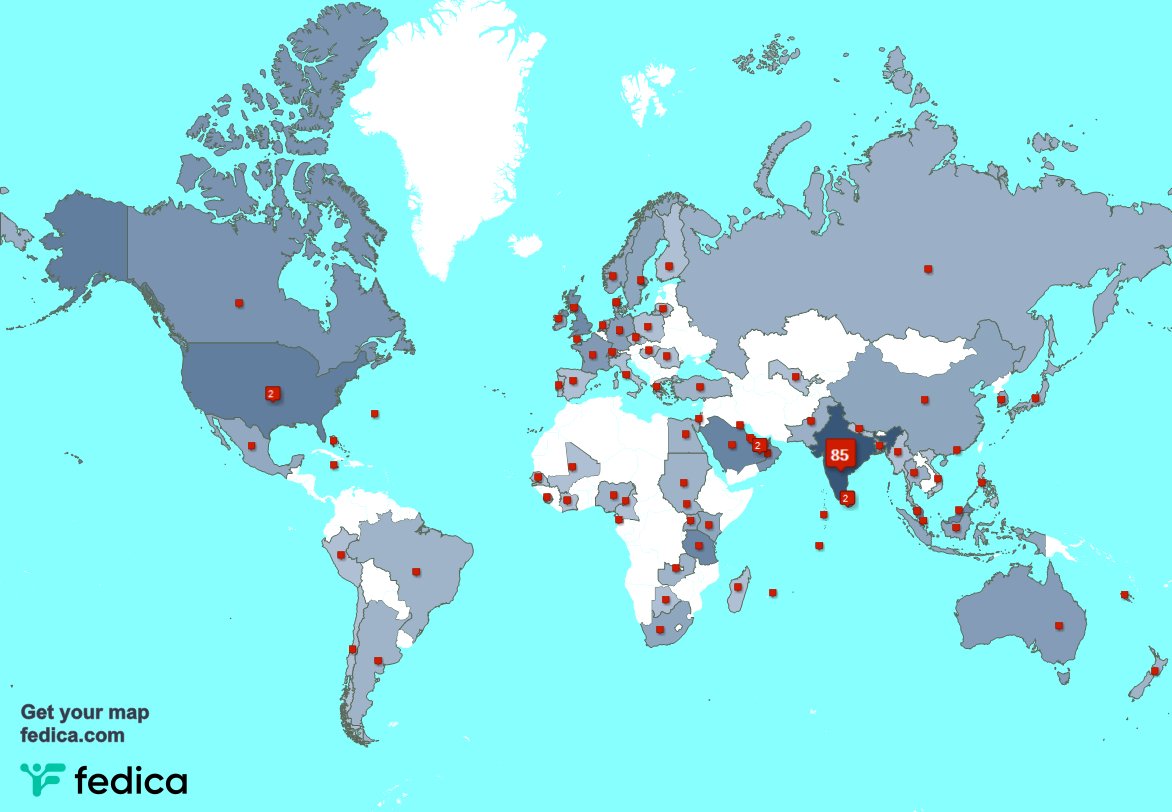 I have 100 new followers from India, and more last week. See fedica.com/!FareethS