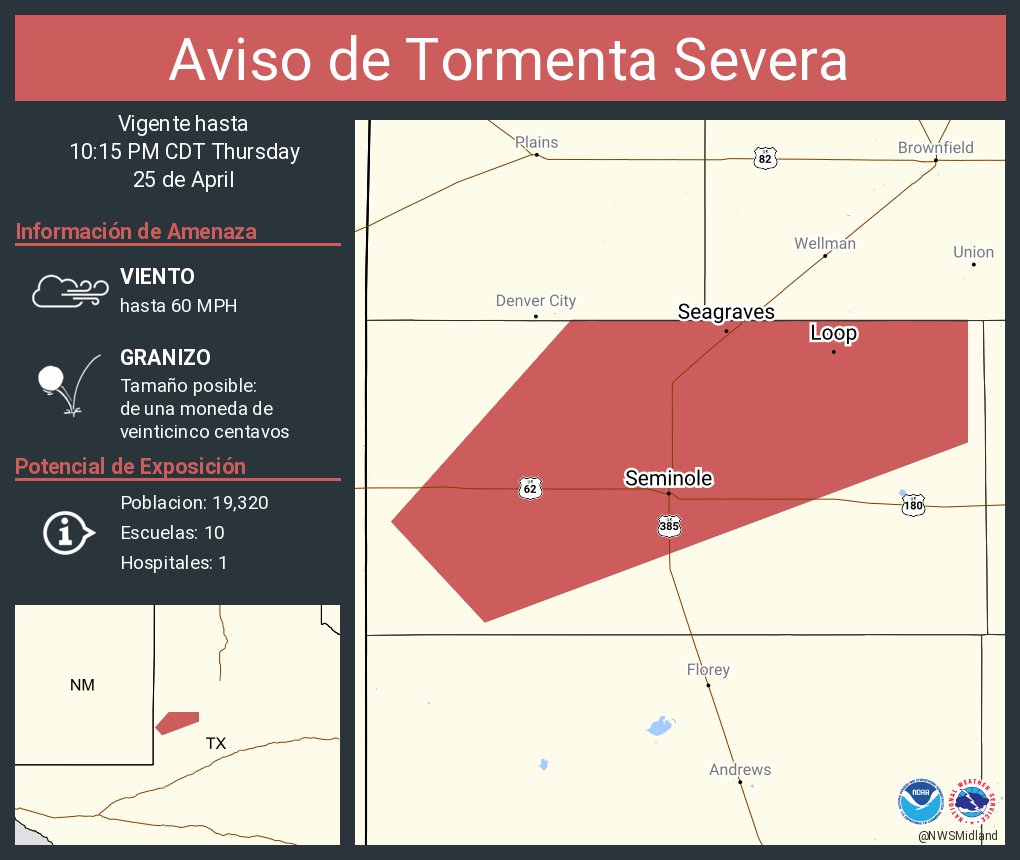 Aviso de Tormenta Severa incluye Seminole TX, Seagraves TX, Loop TX hasta las 10:15 PM CDT