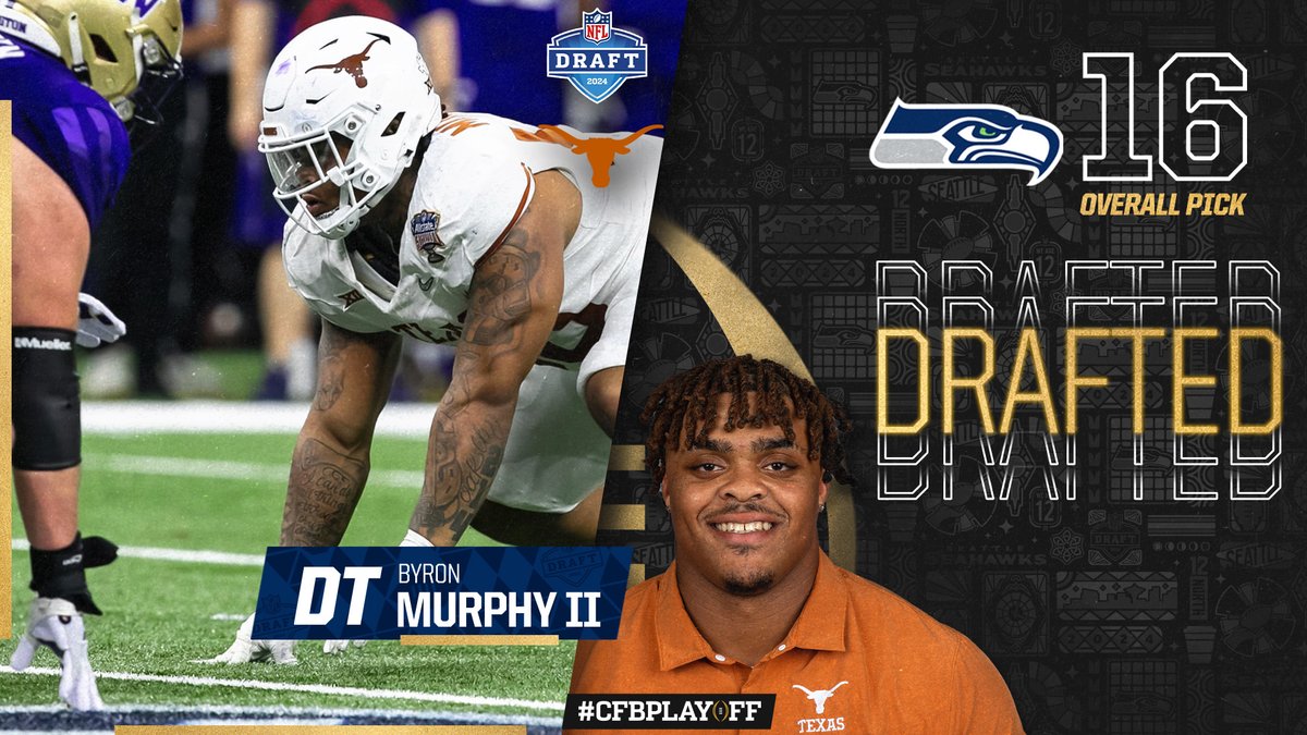 From ATX to the PNW! After @TexasFootball's first-ever appearance in the #CFBPlayoff, Longhorn DT Byron Murphy II (@ByronMurphyII) is headed to the Seattle @Seahawks as the 16th overall pick in the 2024 @NFL Draft!