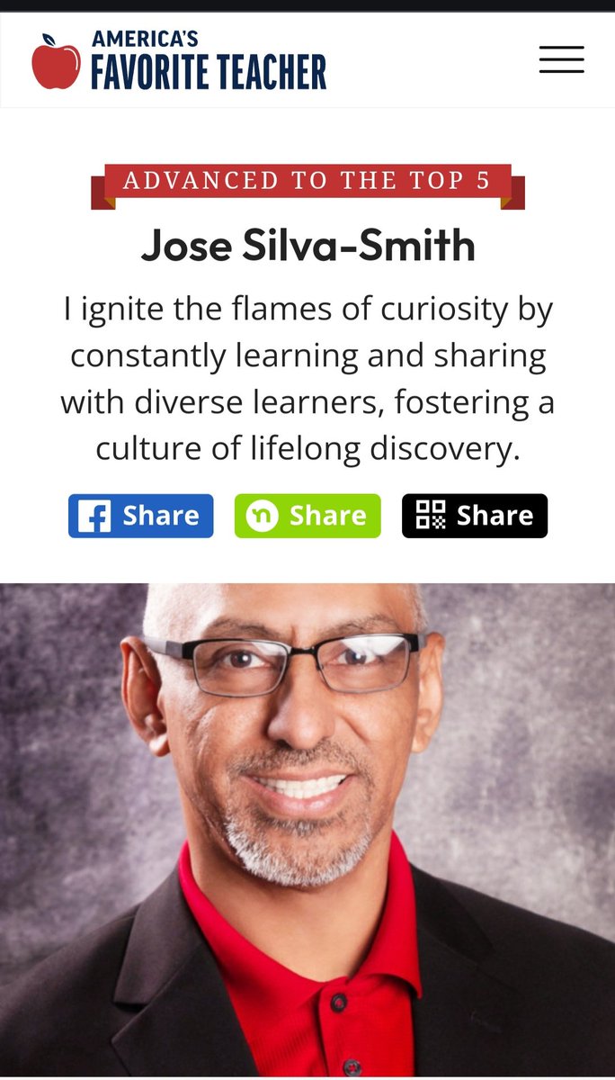 Honored &amp; thankful for advancing to the Top 5! Thank you! Please continue voting every day &amp; share the voting link with friends &amp; family! americasfavteacher.org/2024/jose-silv… #TISDProud ❤️🙏😊