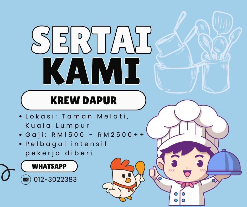 Jawatan Kosong Kedai Makan Terbuka untuk Lelaki x1, Perempuan x1 Umur 21-27 thn Warganegara Malaysia sahaja Fulltime Berdekatan Taman Melati, Kuala Lumpur Gaji dari RM1500-RM2500++ 9 pagi - 2 pagi (ada 2 shift, boleh bekerja shift) Ada kenderaan sendiri wa.me/60123022383?te…