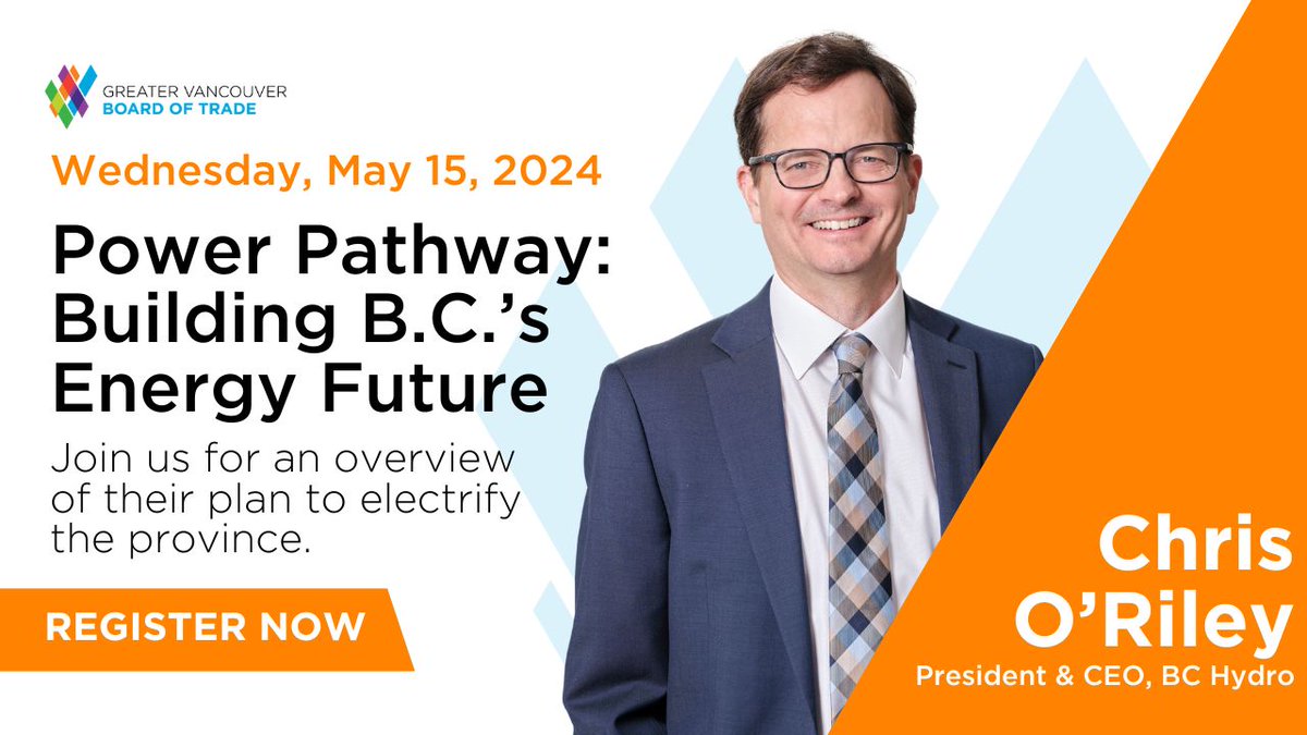 Mark your calendars! Our President & CEO Chris O'Riley will be speaking at @BoardofTrade on May 15. He’ll be sharing the steps we’re taking to increase electricity generation to grow and expand the electricity grid in B.C. Get tickets here: bit.ly/44dNzq5 #Vancouver #YVR