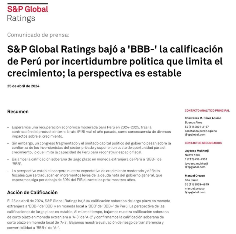 'Un Congreso fragmentado y el limitado capital político pesan sobre la confianza de lso inversionistas'. La razón por la cual la calificación del Perú baja para la calificadora S & P Global Ratings.