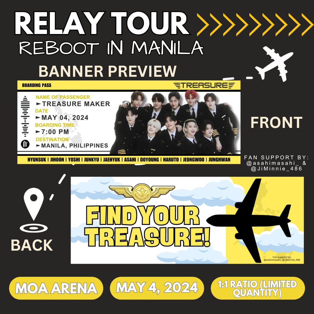 TREASURE RELAY TOUR [REBOOT] IN MANILA💎
╰ 𝓫𝔂: @asahimasahi_ @JiMinnie_486

TEAM10 banner freebies for d-day🤩
FROM GRADUATES TO PILOTS🎓✈️

• strictly 1:1 ratio (limited quantity)
• MOA ARENA, time: TBA
• tag us if you get one!
• like and RT

#TREASURE_REBOOT_IN_MANILA