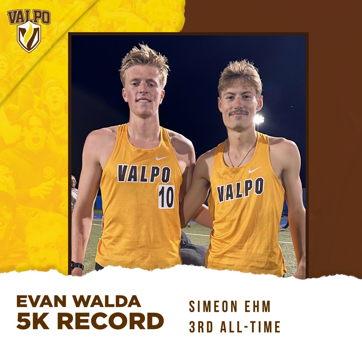 Evan Walda of @ValpoXCTF stopped the clock in 14:14.23 in the 5000, setting a program record on Thursday at GVSU! Teammate Simeon Ehm moved up to third in the program record book with his time of 14:23.64. #GoValpo