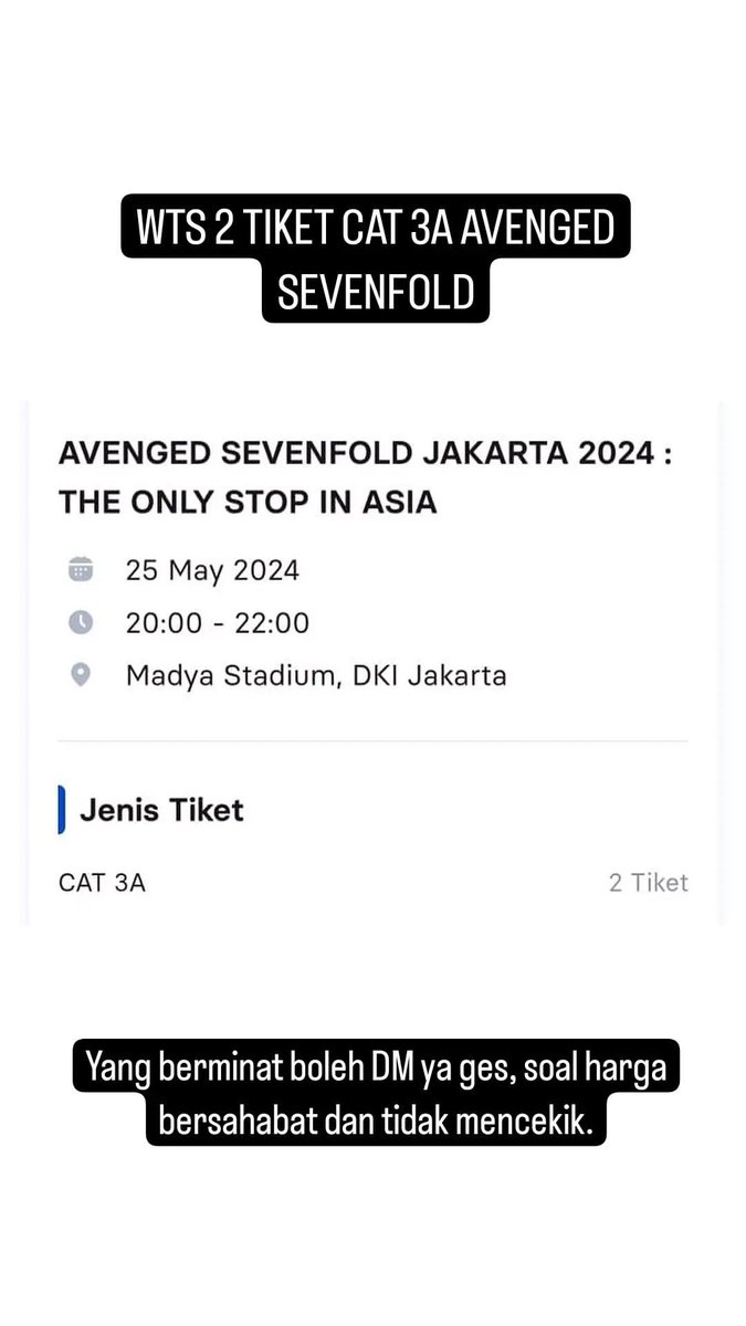 gehlt__'s tweet photo. WTS 2 TIKET AVENGED SEVENFOLD CAT 3A (festival standing). Kalo minat silakan reply or DM. Terima kasih https://t.co/b0a1VPYrNx
