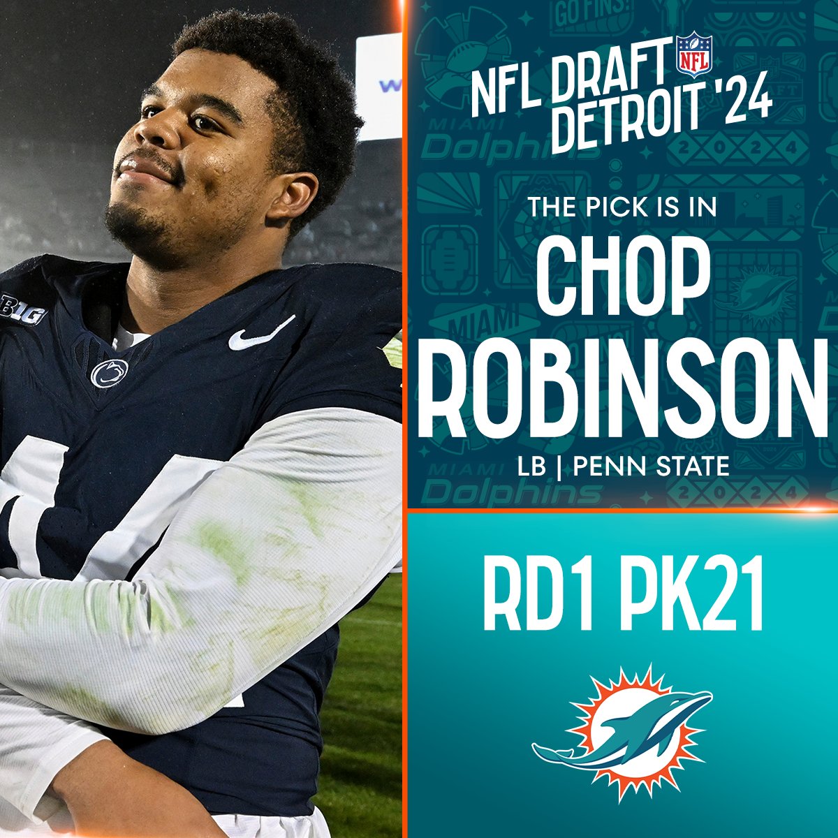 With the No. 21 overall pick in the 2024 @NFLDraft, the @MiamiDolphins select Chop Robinson! @NewEraCap 📺: #NFLDraft on NFLN/ESPN/ABC 📱: Stream on #NFLPlus