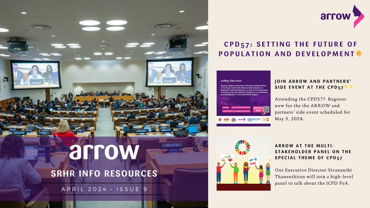 ARROW and Partners at the #CPD57💫 Read about ARROW and Partners' various events and engagements at the upcoming 57th Session of the CPD on ARROW's 𝐒𝐑𝐇𝐑 𝐈𝐍𝐅𝐎 𝐑𝐄𝐒𝐎𝐔𝐑𝐂𝐄𝐒🗞️👇 mailchi.mp/arrow/update-2… Register for our side event here: forms.gle/PJQugkcV5tVtF1… #ICPD30