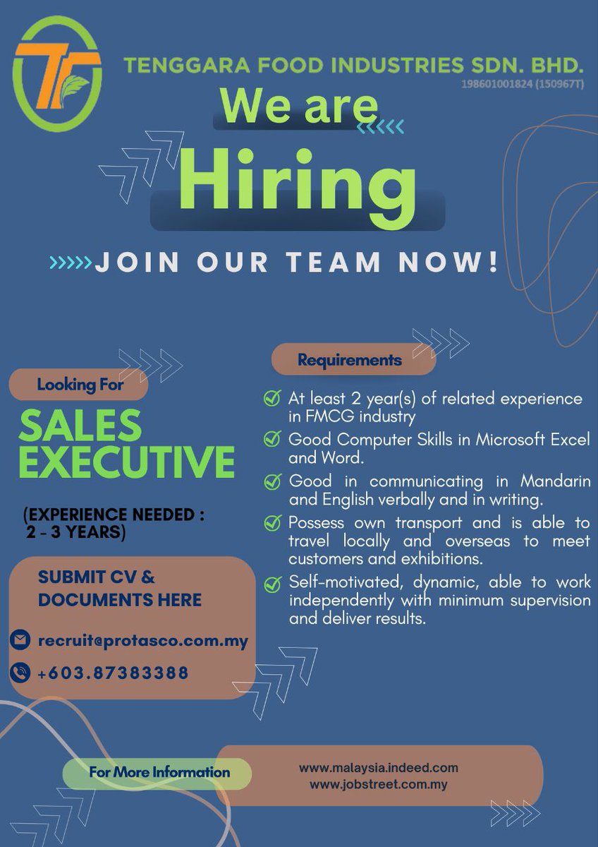 ⚠️URGENT 🏢Job Vacancy for Production Executive 🏢Job Vacancy for Sales and Marketing Executive 📍Location : Kuala Lumpur/Kajang 💰Salary : up to RM3000 (Based on Experience) Benefits : EPF/SOSCO/EIS/MEDICAL/INSURANCE/INCENTIVE Sent me your CVs/resume at recruit@protasco.com.my