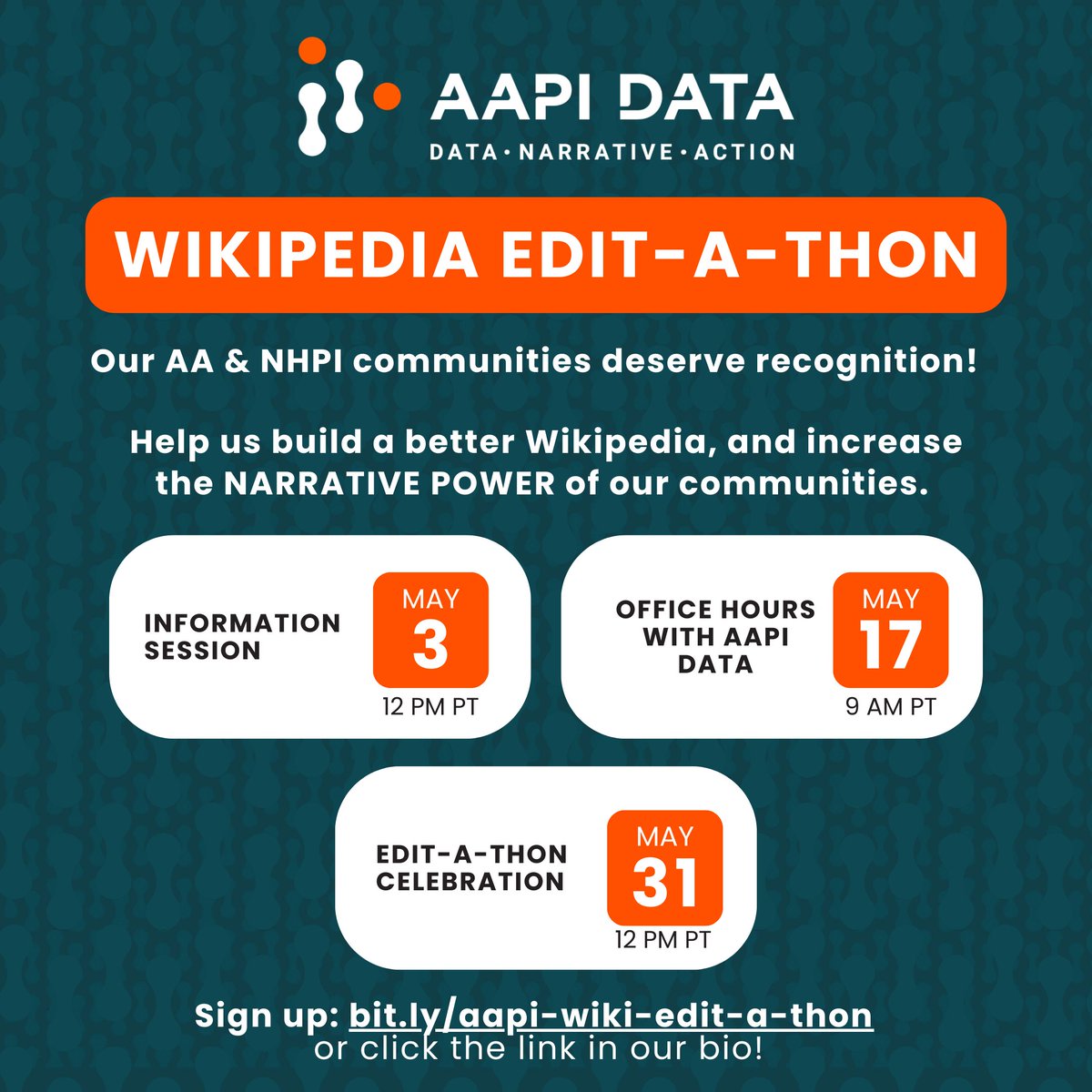 We need your help! During AANHPI Heritage Month in May, AAPI Data is hosting a movement effort to GROW OUR NARRATIVE POWER.

🎉Join us for the inaugural AANHPI Wikipedia Edit-a-Thon

🔗Sign up: forms.gle/e65E1938e5FqeM… 

#AAPIHM #AAPIHeritageMonth #PowerInNumbers