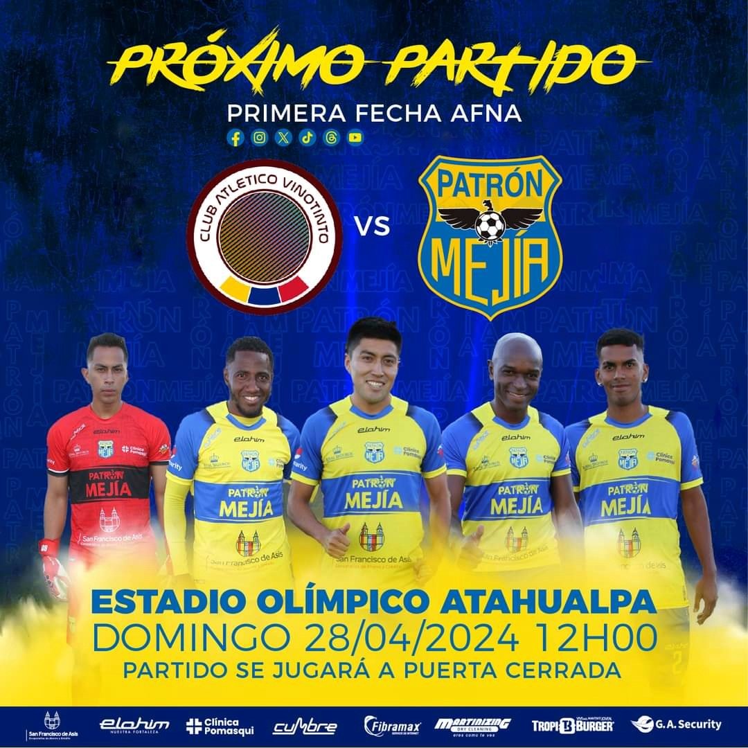 ¡El momento ha llegado!💪🇺🇦⚽️ Este domingo a las 12H00, Club Atlético Vinotinto  vs Club Deportivo 'Patrón Mejía' en el Estadio Olímpico Atahualpa. Aunque juguemos a puerta cerrada (para las dos hinchadas), ¡nuestro espíritu estará más fuerte💪🇺🇦 que nunca!