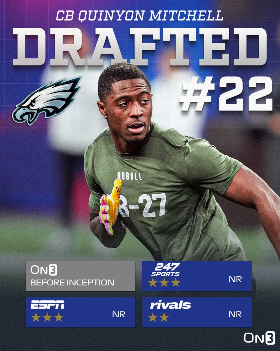 The Philadelphia Eagles have selected Toledo CB Quinyon Mitchell with the 22nd pick in the 2024 NFL Draft. on3.com/nfl/draft/2024/