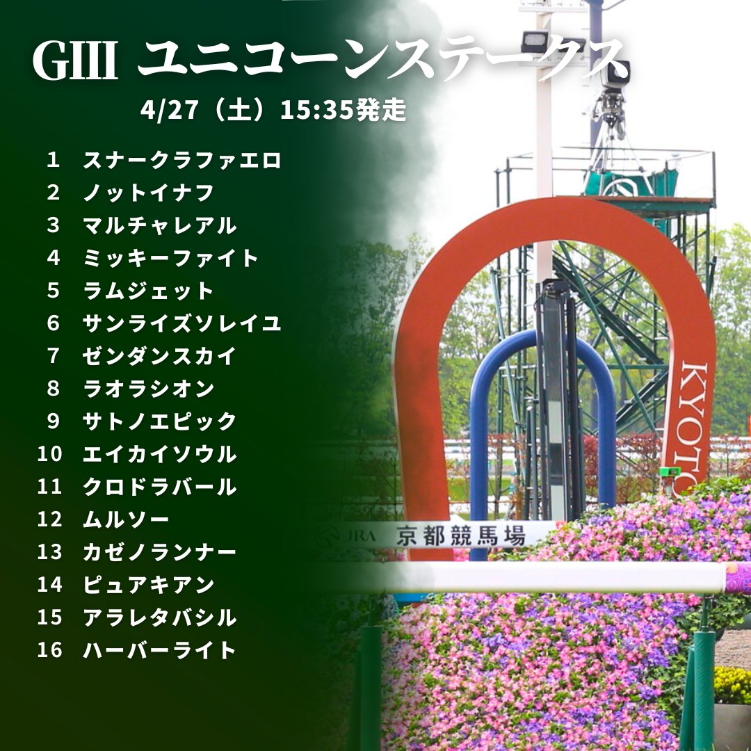 【#ユニコーンステークス】枠順が決定！👏 2連勝中のムルソーは6枠12番、2戦2勝のミッキーファイトは2枠4番となりました。#ユニコーンS